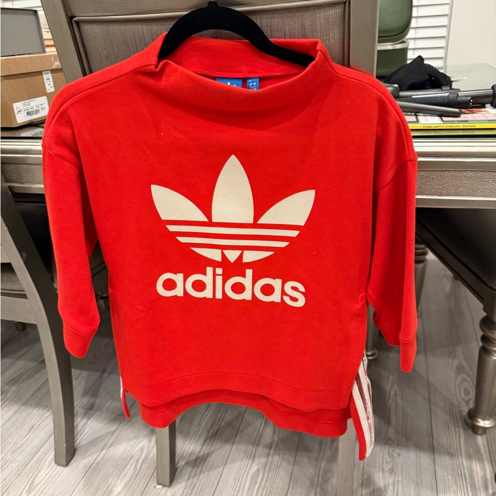 Adidas Trefoil Logo Cropped High Low 1/2 Sleeve Mock Neck Sweatshirt Size Small